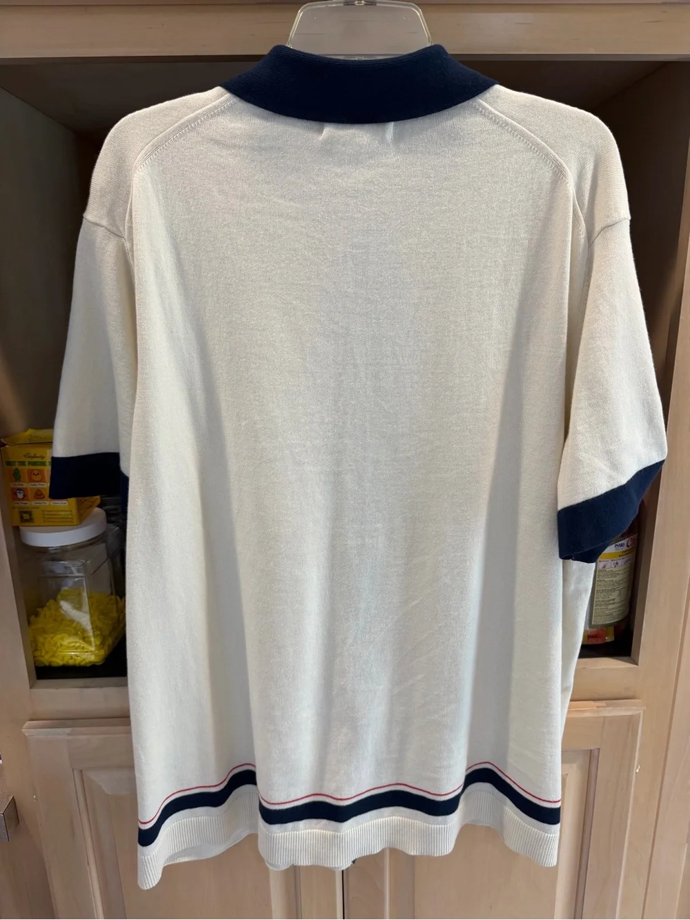 Banana Republic Cream and Navy Short-Sleeve Button-Front Knit Polo XL